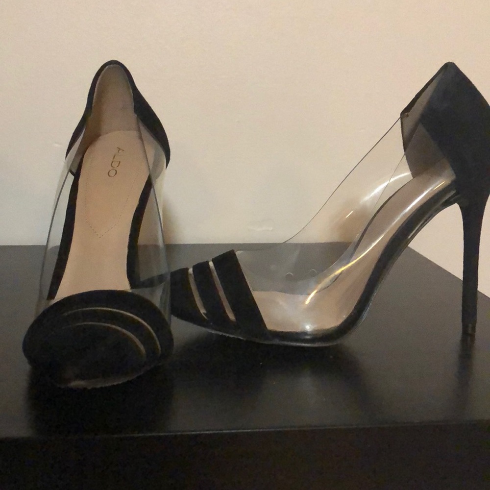 Black suede stiletto heels with clear sides